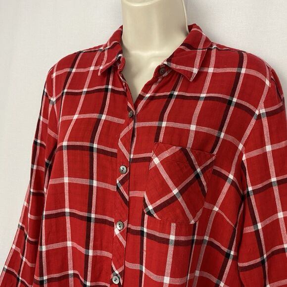 J Jill Tunic Button Up Top Womens Medium Petite Red Plaid Pockets Shacket Grunge - Picture 3 of 14